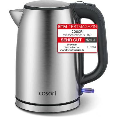 COSORI kettle stainless steel with 1.7 L | 2200W | No plastic contact | LED lighting | 360° rotating base | Large opening | Dry boil protection | Strix Technology | Silver-black - CEK-S152-VEU