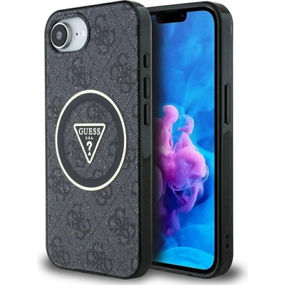 GUESS IML Metal Glitter 4G Circle Triangle MagSafe Case за iPhone 16e - черен (3666339454098)