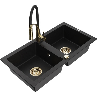 Mexen Mario гранитна мивка с 2 отделения с кухненски смесител Aster, черен - 6504-77-73450-57-G (6504-77-73450-57-G)