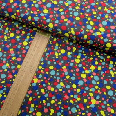 Úplet - Puntíky červené, žluté, růžové, modré na šedé - šíře 150cm