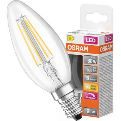 Osram LED žiarovka E14 B35 CL 5,5W = 60W 806lm 2700K Warm 300° Filament SUPERSTAR Dimmable