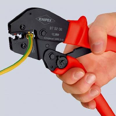 KNIPEX Клещи за кримпване на кабелни накрайници 0.1-2.5мм2 неизолирани, закалени, синьо-червена ръкохватка 250мм, с пружина, Knipex (K975204)