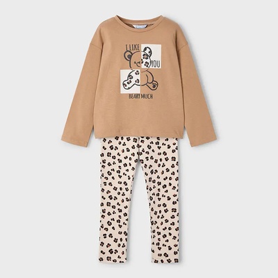 Mayoral Комплект клин в бежово с щампи и блуза в цвят камел с мече за мини момиче Mayoral