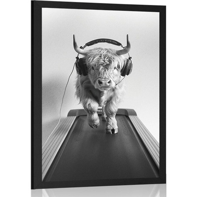 Plakát kráva se sluchátky na běžícím pásu - 40x60 silver