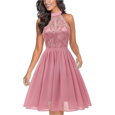 Елегантна шифонена рокля без ръкави с дължина до коляното, розова