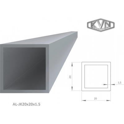 Hliníkový jekl 20x20x1,5 mm, délka 6000 mm, materiál EN AW-6060 T66, přírodní hliník bez povrchové úpravy, cena za kus