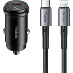 Mcdodo Зарядно устройство за кола Mcdodo Obsidian Series (CC-7495) - с включен Type-C към Lightning кабел, PD45W, Smart IC, мини размер, 1.2m - Черен