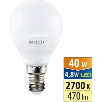 McLED LED žárovka E14 P45 4,8W 40W teplá bílá 2700K