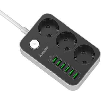 Energizer Разпределител на захранване Energizer EPB2500W01EU с 3 захранващи гнезда и 6 USB гнезда, защита от пренапрежение, 2 м кабел
