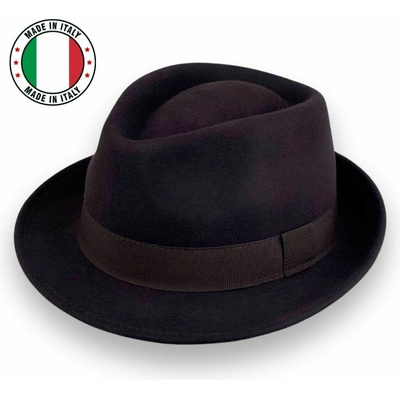 Krumlovanka klasický trilby klobouk vlněný tmavě hnědý s rypsovou stuhou P-970