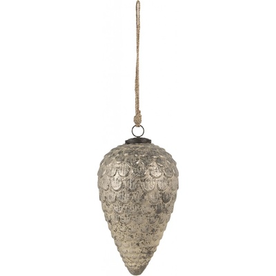 Clayre & Eef Šedo-stříbrná antik skleněná vánoční ozdoba ve tvaru šišky XL Ø 15*25 cm