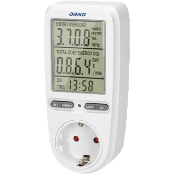 ORNO OR-WAT-435(GS) - Ватметър с LCD дисплей, 230V / 50Hz, 16A до 3680W, версия шуко, бял (OR-WAT-435(GS))