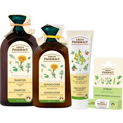 Green Pharmacy Herbal Care šampón pre mastné vlasy 350 ml + čistiaci kondicionér pre mastné vlasy 300 ml + krém na ruky a nechty 100 ml + balzam na pery SPF 10 3,6 g darčeková sada