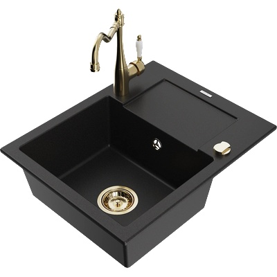 Mexen Enzo еднокоморна гранитна мивка с отцедник и кухненски смесител Carla, черен - 6506-77-670700-50 (6506-77-670700-50)