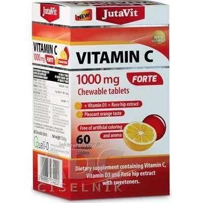 JutaVit Vitamín C 1000 mg Forte + Vitamín D3 + extrakt zo šípok pomarančová príchuť 60 žuvacích tabliet