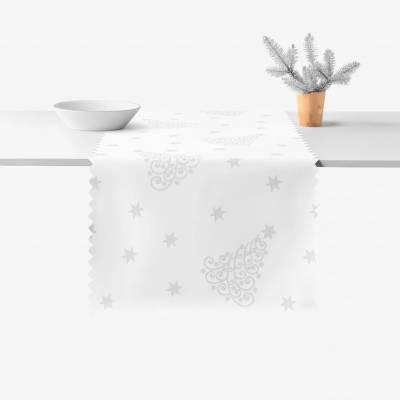 Goldea vianočný behúň teflónový strieborné vianočné stromčeky a hviezdičky 20x120cm