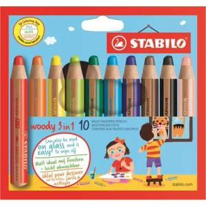 STABILO Комплект цветни моливи, кръгли, дебели, STABILO "Woody 3 в 1", 10 различни цвята (880/10)