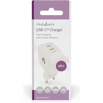 Nedis Зарядно устройство Nedis WGCHA45WWT 45 W | GaN | PD3.0, функция за бързо зареждане, 2, 25 / 3, 0 A, 2x USB-C, автоматичен избор на напрежение (WGCHA45WWT)