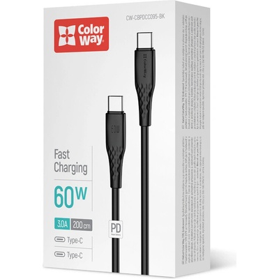 ColorWay CW-CBPDCC095-BK USB-C – USB-C (textúrované PVC) PD Fast Charging 60W 3A 2m černý