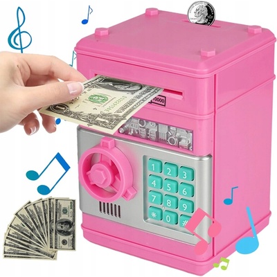 RŮŽOVÉ DIGITÁLNÍ POKLADNÍČKA S KÓDEM PRO MINCE A BANKOVKY