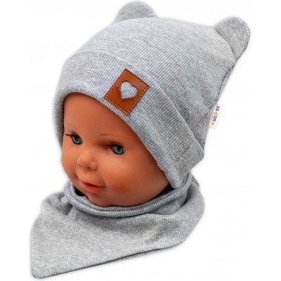 Baby Nellys Rebrovaná dvojvrstvová čiapka s uškami šatka TEDDY sivá
