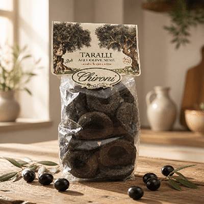 Chironi Taralli s čiernymi olivami ručne vyrábané 200 g