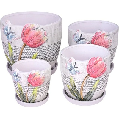 Елеганц Комплект от 4 керамични саксии Red Parrot Tulip, Керамика, Ф18, Ф15, Ф12, Ф9 см, Многоцветен (23005)