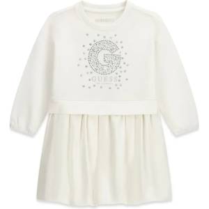 Guess Комбинирана рокля Guess за мини момиче в мръсно бял цвят с кристали и G отпред