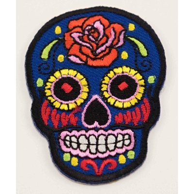 Nažehľovacia záplata - Mexická lebka - Día de Muertos - kráľovská modrá