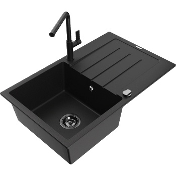Mexen Bruno гранитна мивка с 1 отделение с отцедник и кухненски смесител Flora, черен - 6513-77-670401-70-B (6513-77-670401-70-B)