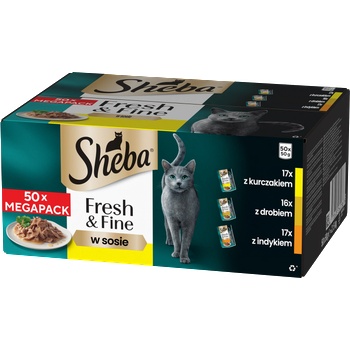 Sheba пакетче 50x50g Fresh & Fine - мокра храна за възрастни котки в сос (с пилешко, с птиче месо, с пуешко)