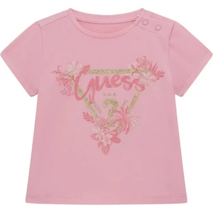 GUESS Розова тениска със златисто лого Guess с глитери и цветя за бебе момиче