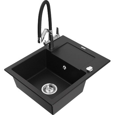 Mexen Enzo гранитна кухненска мивка с 1 отделение и отцедник и кухненски смесител Duo, черен - 6506-77-671701-07 (6506-77-671701-07)