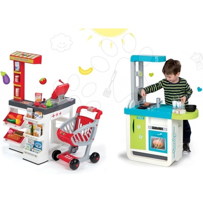 Smoby Set kuchyňka Cherry Kitchen se zvuky a kávovarem a obchod Supermarket s pokladnou