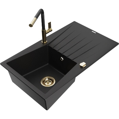 Mexen Cesar мивка от гранит с 1 отделение и сифон, с кухненски смесител Flora, черен - 6514-77-670401-57-G (6514-77-670401-57-G)