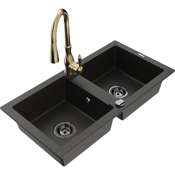 Mexen Mario гранитна кухненска мивка с 2 камери и кухненски смесител Savita, черен/златист металик - 6504-75-672601-50-B (6504-75-672601-50-B)