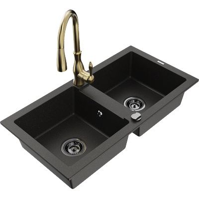 Mexen Mario гранитна кухненска мивка с 2 камери и кухненски смесител Savita, черен/златист металик - 6504-75-672601-50-B (6504-75-672601-50-B)