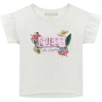 Image 1 of GUESS Бялa тениска с тропически мотиви и розови пайети за мини момиче Guess
