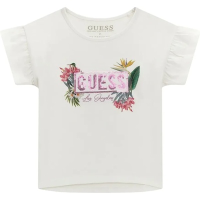 GUESS Бялa тениска с тропически мотиви и розови пайети за мини момиче Guess