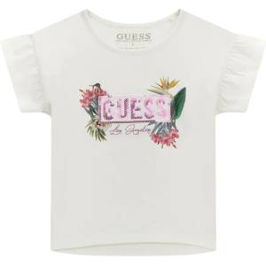 GUESS Бялa тениска с тропически мотиви и розови пайети за мини момиче Guess
