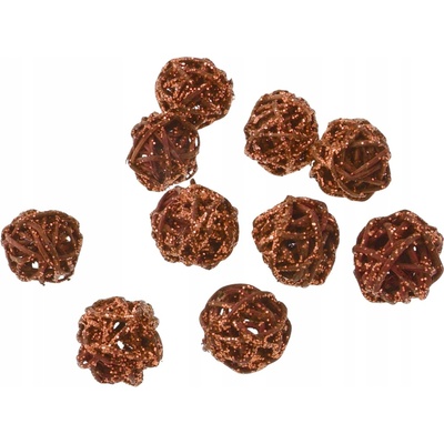 Hnedé ratanové guľôčky s trblietkami, vianočné ozdoby, závesné dekorácie 2,5 cm, 10 ks