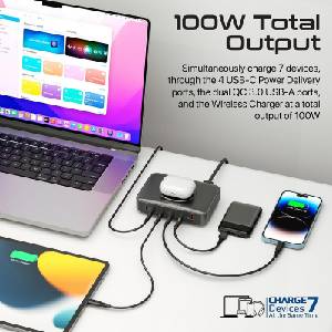 Promate Зарядна станция за 7 устройства ProMate POWERBASE-GANFast 100W, 15W Wireless charger -Черна (6959144063621)