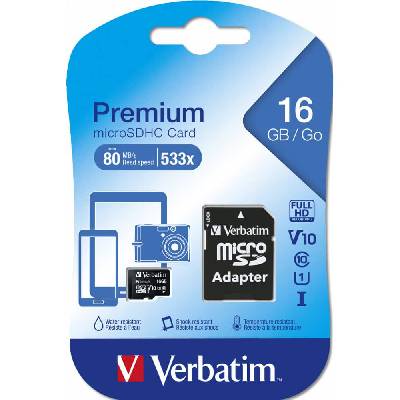 Карта памет 16GB microSDHC с адаптер, Verbatim, Class 10 UHS-I, скорост на четене 80MB/s, скорост на запис 10MB/s (ON2065360172)