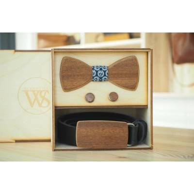 Wood Style Set Kulatý WS Modrotisk opasek motýlek a manžetové knoflíčky Černá Třešeň