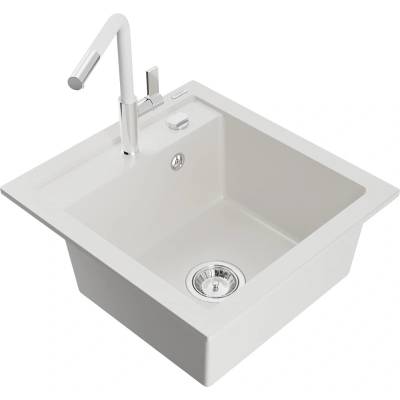 Mexen Vito гранитна кухненска мивка с 1 камера и смесител Flora, бял (6503-20-670401-02)