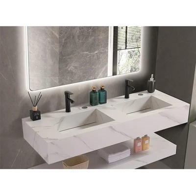 Inter Ceramic Мивка за баня PIETRA / ICL 12049/140W, стенен монтаж, кварц, бял, 140x50x18см (12049/140W)