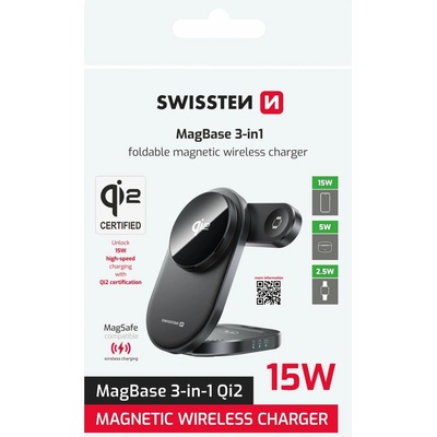 Swissten 3v1 Skladacia bezdrôtová nabíjačka QI2, MagSafe 14546152