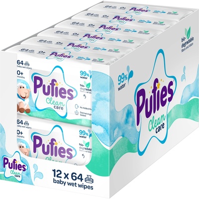 Pufies Мокри кърпички Pufies Clean Care - 99% Water, 12 x 64 броя (70000090)