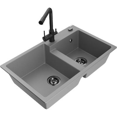 Mexen Tomas двоен гранитен кухненски мивка с батерия Duero, сив - 6516-71-671600-70-B (6516-71-671600-70-B)