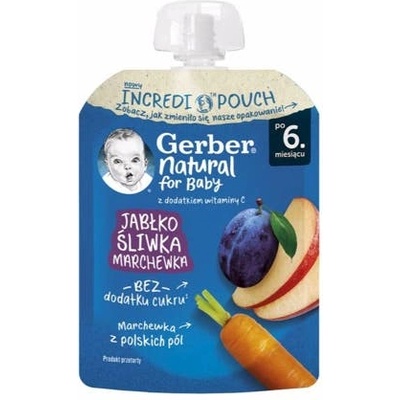 Gerber Пауч за бебета с ябълки, сливи и моркови 6м+ 80г